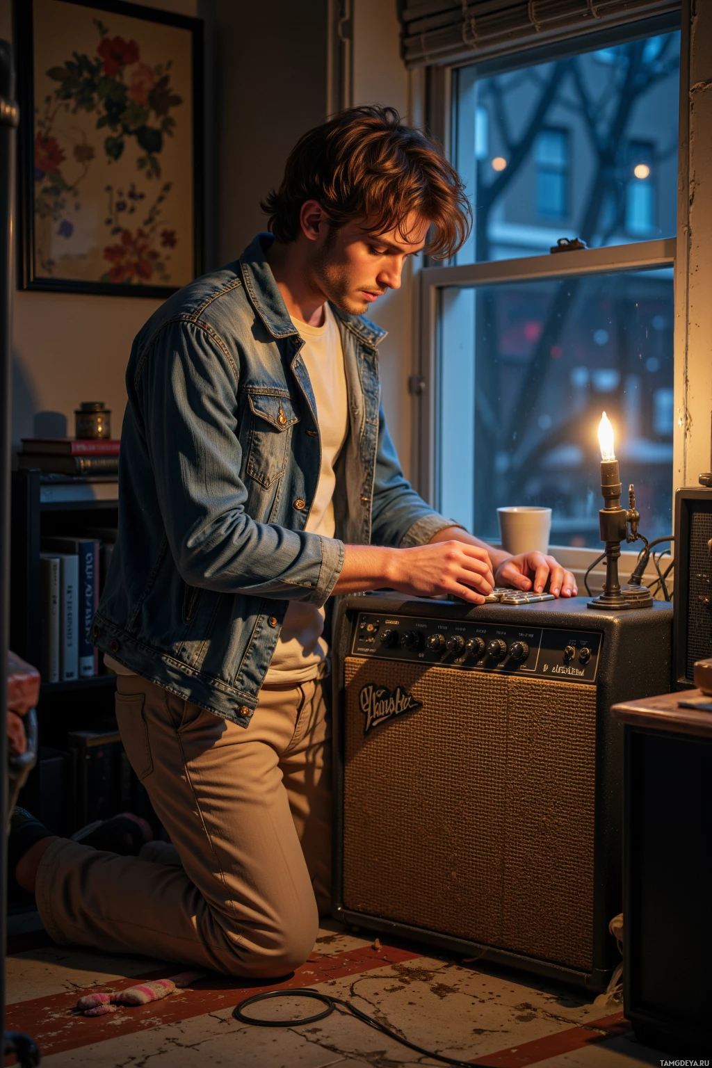 Realistic high quality photo. Male, 27, light brown tousled hair, blue eyes, fair skin, wearing a faded denim jacket over a cream vintage t‑shirt and slim beige chinos, untangling thick amp cables on a battered amplifier in a dimly lit studio apartment at midnight, mismatched socks scattered on cracked pavement visible through a window, a corner bookshelf with a playlist of unfinished songs, and faint city night sounds echoing outside.