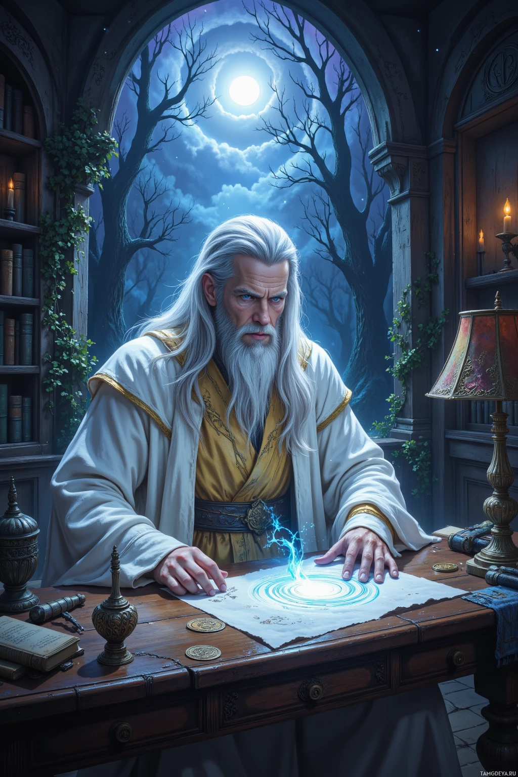 Realistic high quality photo. A tall ancient wizard with long silver hair, piercing blue eyes, pale skin glowing faintly in moonlight, wearing white robes with golden trim and a glowing silver blade at his side, sits at a wooden desk in a twilight study illuminated by swirling arcane sigils, wind stirring the forest outside the window as he calmly traces a rune line between magic and steel.