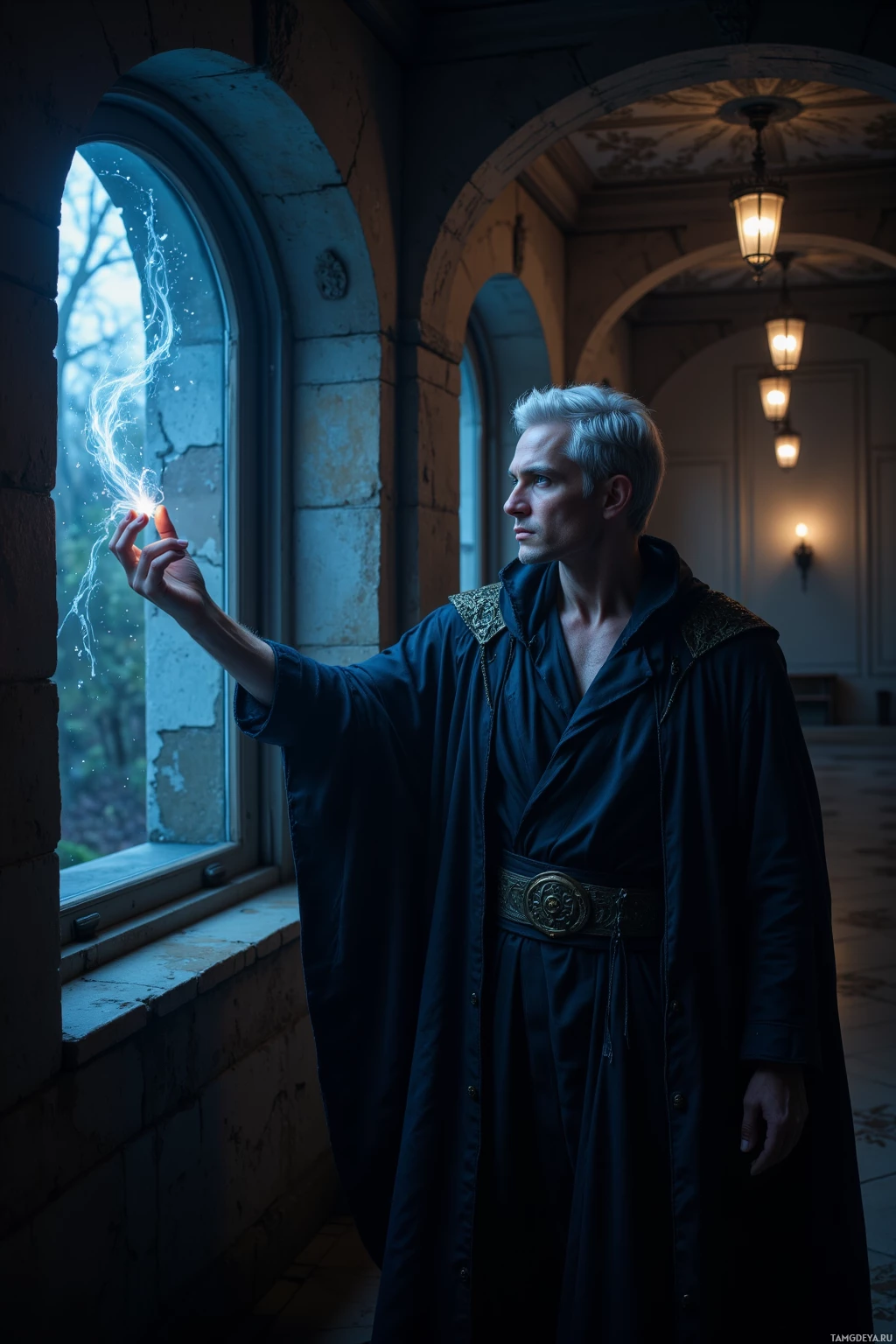 Realistic high quality photo. An enigmatic 34‑year‑old man with short silver hair, pale skin, piercing blue eyes, wearing a dark, flowing cloak that blends into a dimly lit hallway of a party, whispers to the night sky outside a window, wind swirling around him as he remains a shadowy phantom.