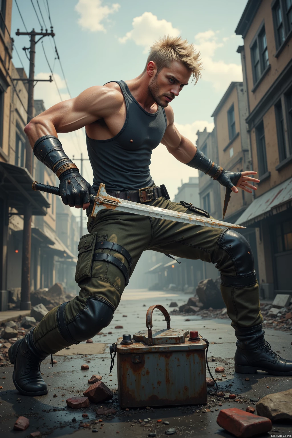 Realistic high quality photo. A tall, athletic male with short spiky blonde hair, piercing blue eyes, pale skin, wearing a simple tank top, combat pants, and custom claw gloves, fiercely brandishing steel blades in a silent, post‑apocalyptic street at dusk, fighting over a rusted car battery amid scorched metal wreckage and shattered debris.