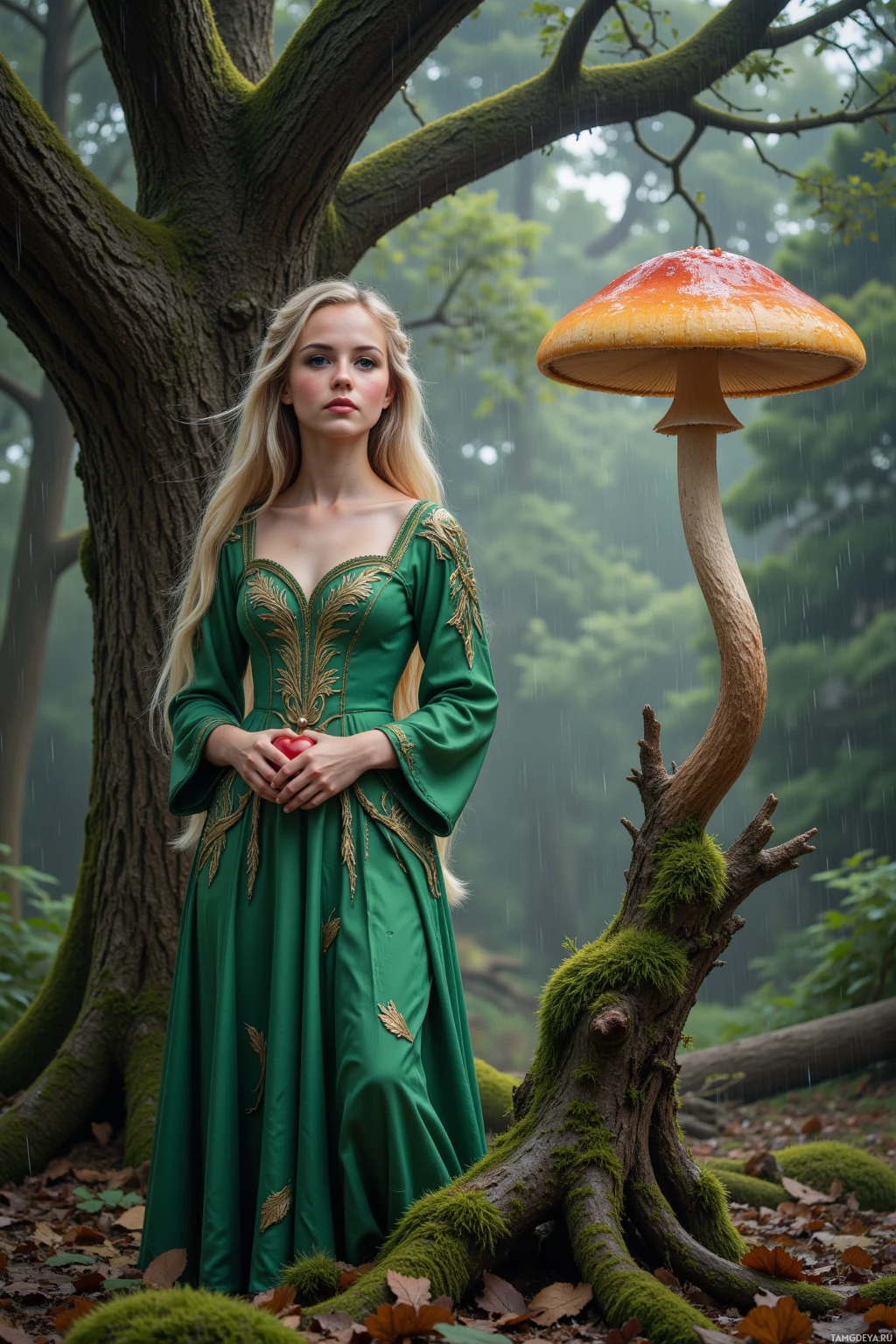 Realistic high quality photo. A 27‑year‑old woman with long blonde braids and bright green eyes, wearing a flowing emerald gown embroidered with leaves, stands in a rain‑shrouded forest clearing beside an ancient elder oak, chasing a crown‑shaped mushroom as a twisted root snatches her notebook, moss on the bark eye‑rolling, her quill poised, with dripping leaves and soft mist.
