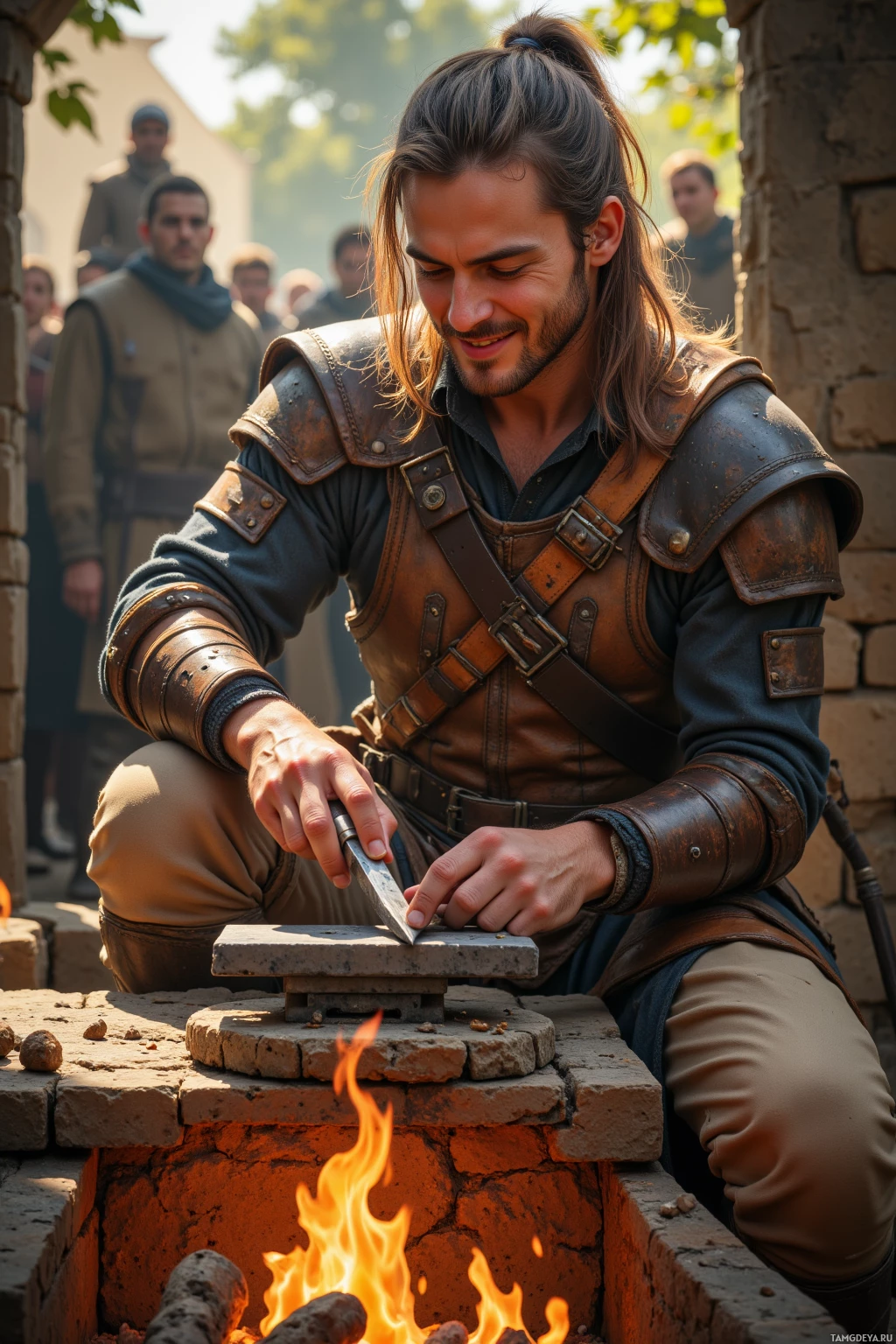 Realistic high quality photo. Male, 36, long light brown hair tied back, blue eyes, wearing a faded leather tunic with layered shoulder plates and dark beige trousers, sharpening a polished blade on a whetstone beside a forge with flickering fire, laughing with an old friend over a fire‑cooked loaf while debating trebuchet angles under warm afternoon sun.