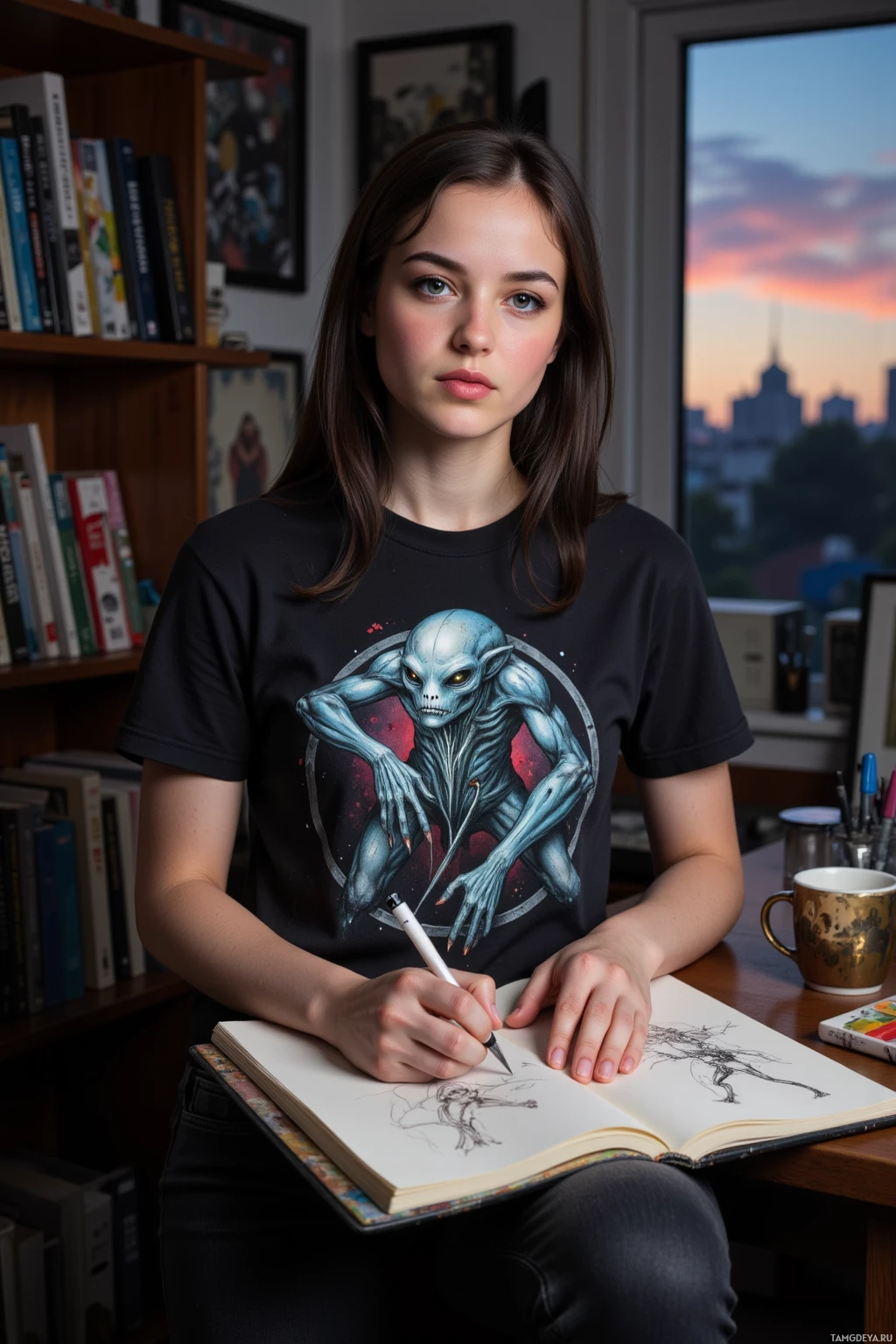 Realistic high quality photo. 25‑year‑old woman with shoulder‑length black hair, bright blue eyes, pale skin, wearing black jeans, a pixel‑art graphic tee, sits in a dimly lit home studio at dusk, sketching alien creature designs on a sketchpad surrounded by drawing tools, a mug of coffee, and stacks of comic books.