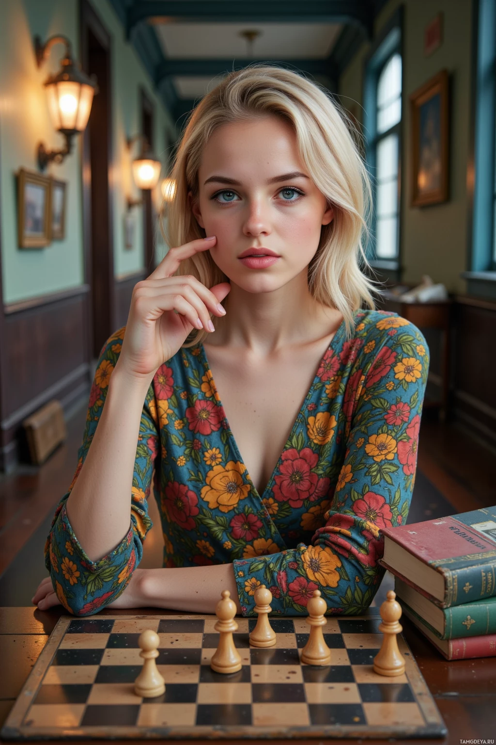 Realistic high quality photo. Female 33 with asymmetrical blonde hair, green eyes, pale skin, wearing an eclectic colorful bohemian dress, playing chess in a reflective hallway, the queen piece raising a toast, a flickering streetlamp casting uneven light,  and a stack of forgotten puzzle books beside her.