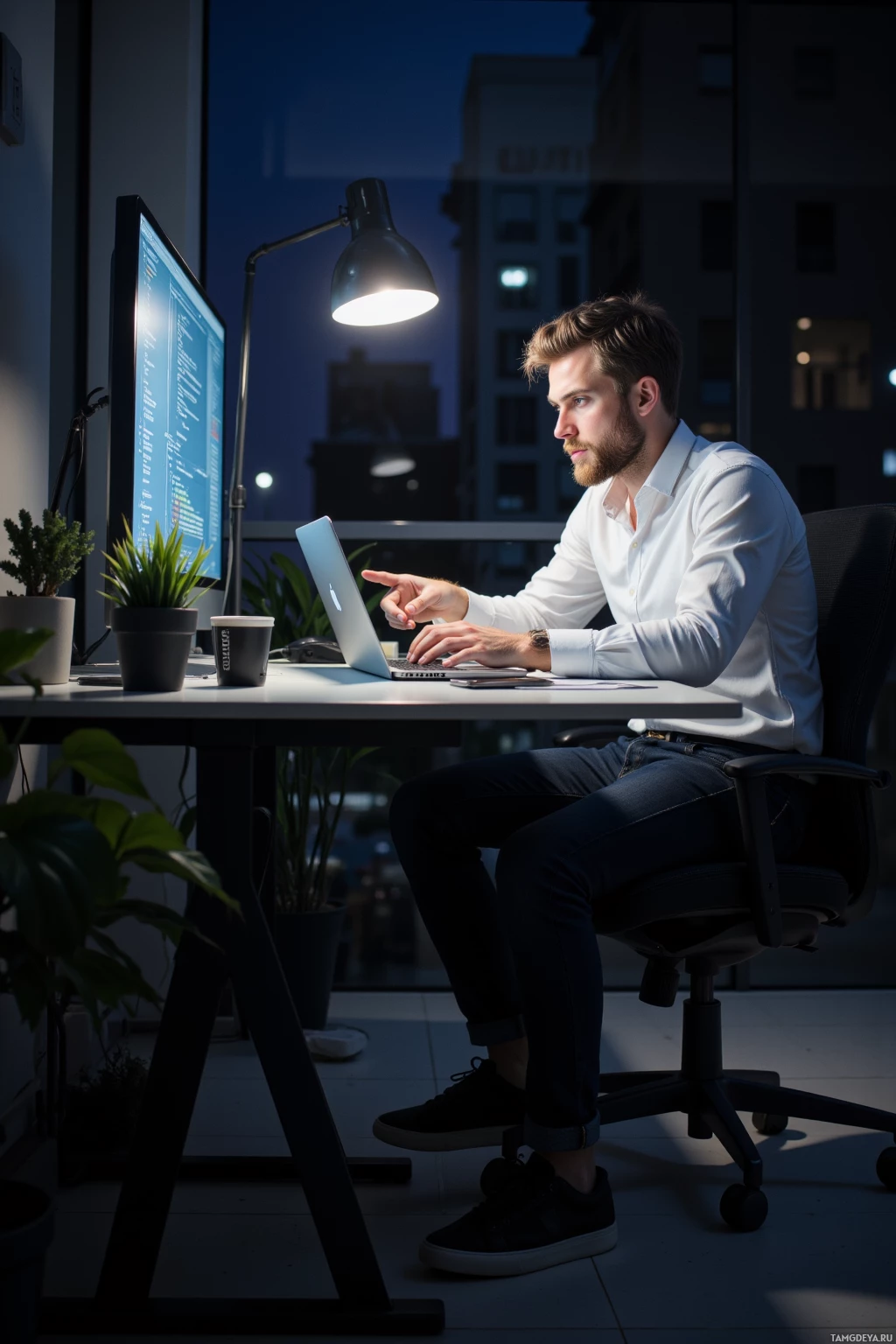 Realistic high quality photo. Male, 36, short blonde hair, blue eyes, pale skin, wearing a white button‑down shirt, dark jeans, black sneakers, seated at a modern home office desk at night, laptop open showing code, pointing at the screen.