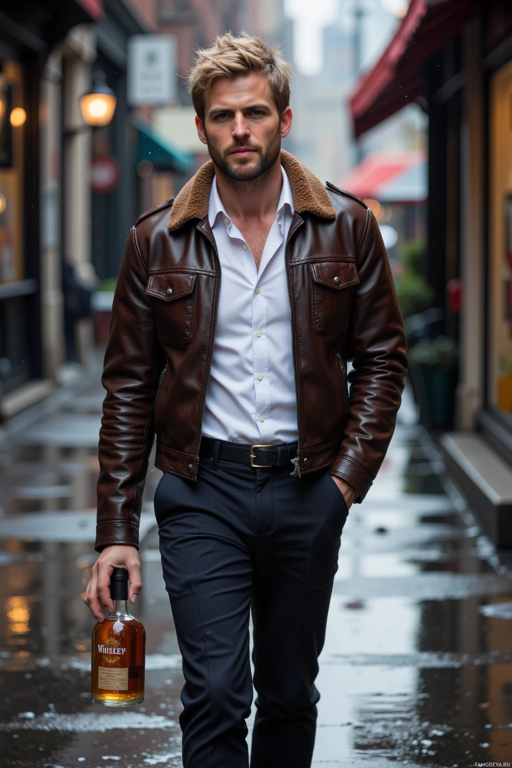Realistic high quality photo. Male, 36, tousled blonde hair, bright blue eyes, sharp jawline, stubble, wearing a worn leather jacket over a crisp white shirt, dark trousers, polished black loafers, holding a cracked whiskey bottle in hand, walking on a rain‑soaked sidewalk with puddles reflecting his face, city lights flicker in the background, late evening, relaxed smirk, casual swagger.