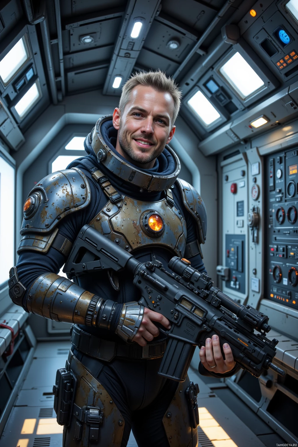 Realistic high quality photo. Inside a sleek futuristic spaceship maintenance bay, a battle-hardened veteran, male, 36, salt‑and‑pepper hair, piercing blue eyes, wearing a rugged high‑tech tactical suit, dusts a pulse rifle while grinning, repairing a hull leak with a high‑tech patch kit among gleaming metal panels and advanced control panels.