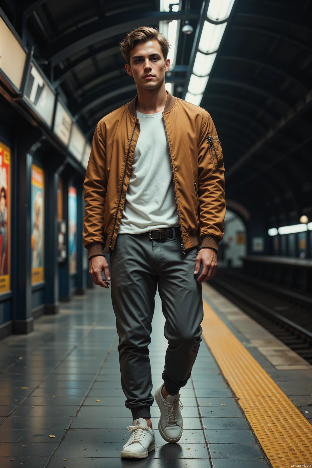 Realistic high quality photo. 25‑year‑old man with light brown hair, blue eyes, wearing a fitted white T‑shirt, cropped tan bomber jacket, slim joggers and white sneakers, rehearsing a romantic confession on a dimly lit old train station platform with flickering lights above a ticket counter, subtly rating the conversation on romcom potential while shuffling to the rhythm of vintage dance posters, phone absent on the platform.