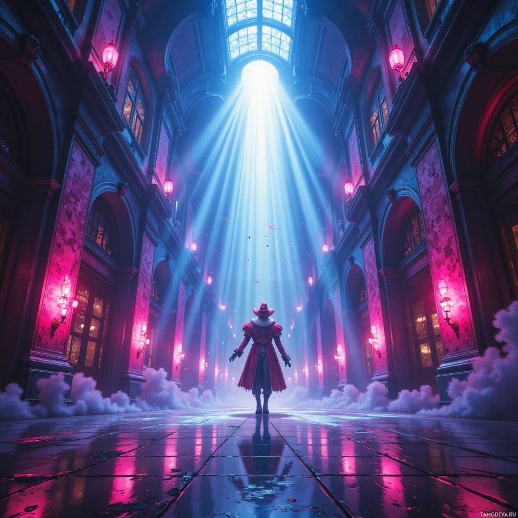 Semi-abstract image with many empty light space at center of beautiful background, that is suitable for the post:  Cracking my meme vault, I feel a neon clown juggling time‑travel TikToks while the world watches my burnt‑out spotlight.