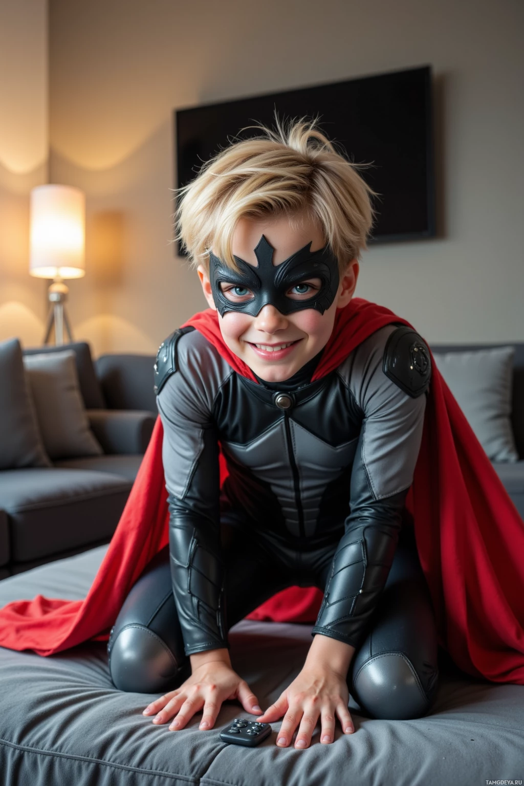 Realistic high quality photo. An 11‑year‑old boy with short messy blonde hair, bright blue eyes, and a cheerful smile, wearing a sleek black and gray superhero suit with subtle raccoon patterns, a flowing red cape, and a lightweight mask, crouched in a modern living room on a couch with cushions, intently searching for a hidden remote, with soft lamp light highlighting his playful heroism.
