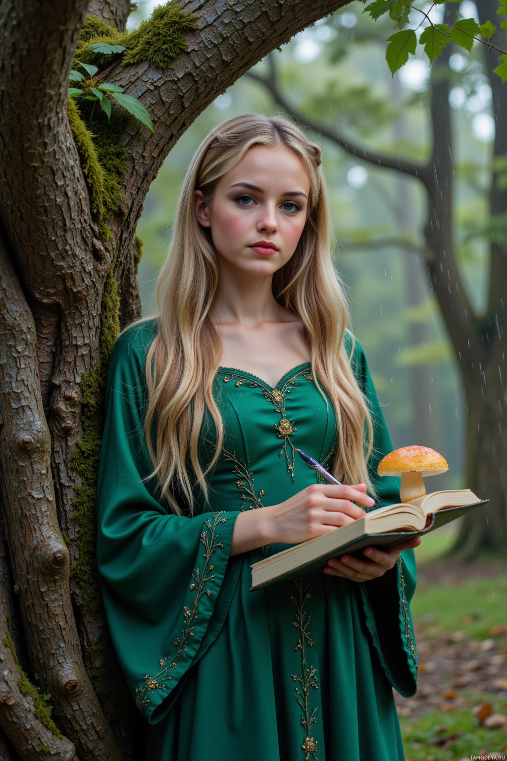 Realistic high quality photo. A 27‑year‑old woman with long blonde braids and bright green eyes, wearing a flowing emerald gown embroidered with leaves, stands in a rain‑shrouded forest clearing beside an ancient elder oak, chasing a crown‑shaped mushroom as a twisted root snatches her notebook, moss on the bark eye‑rolling, her quill poised, with dripping leaves and soft mist.
