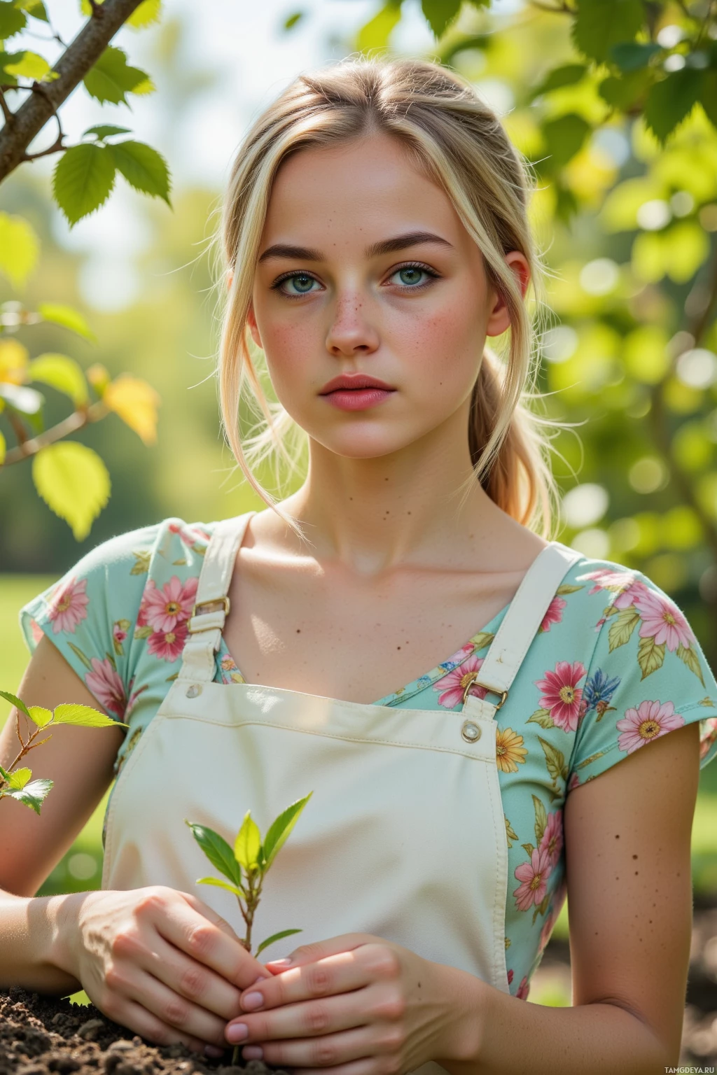 Realistic high quality photo. A young woman with soft blonde hair in a loose ponytail, bright blue eyes, fair skin speckled with freckles, wearing a pastel floral dress and a simple white apron, standing beneath a dense early spring canopy of green trees, gently placing a seed into the moist soil as soft morning light filters through leaves, exuding optimism and nurturing warmth.