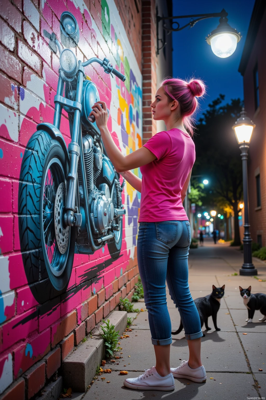 Realistic high quality photo. Night alley at midnight, a woman with bright pink messy bun, blue eyes, pale skin, in a pink t‑shirt, light jeans, and canvas sneakers, spray painting vivid graffiti of a dream motorcycle on a brick wall with splattered bold colors while a flickering streetlamp glows like a disco ball and alley cats observe.