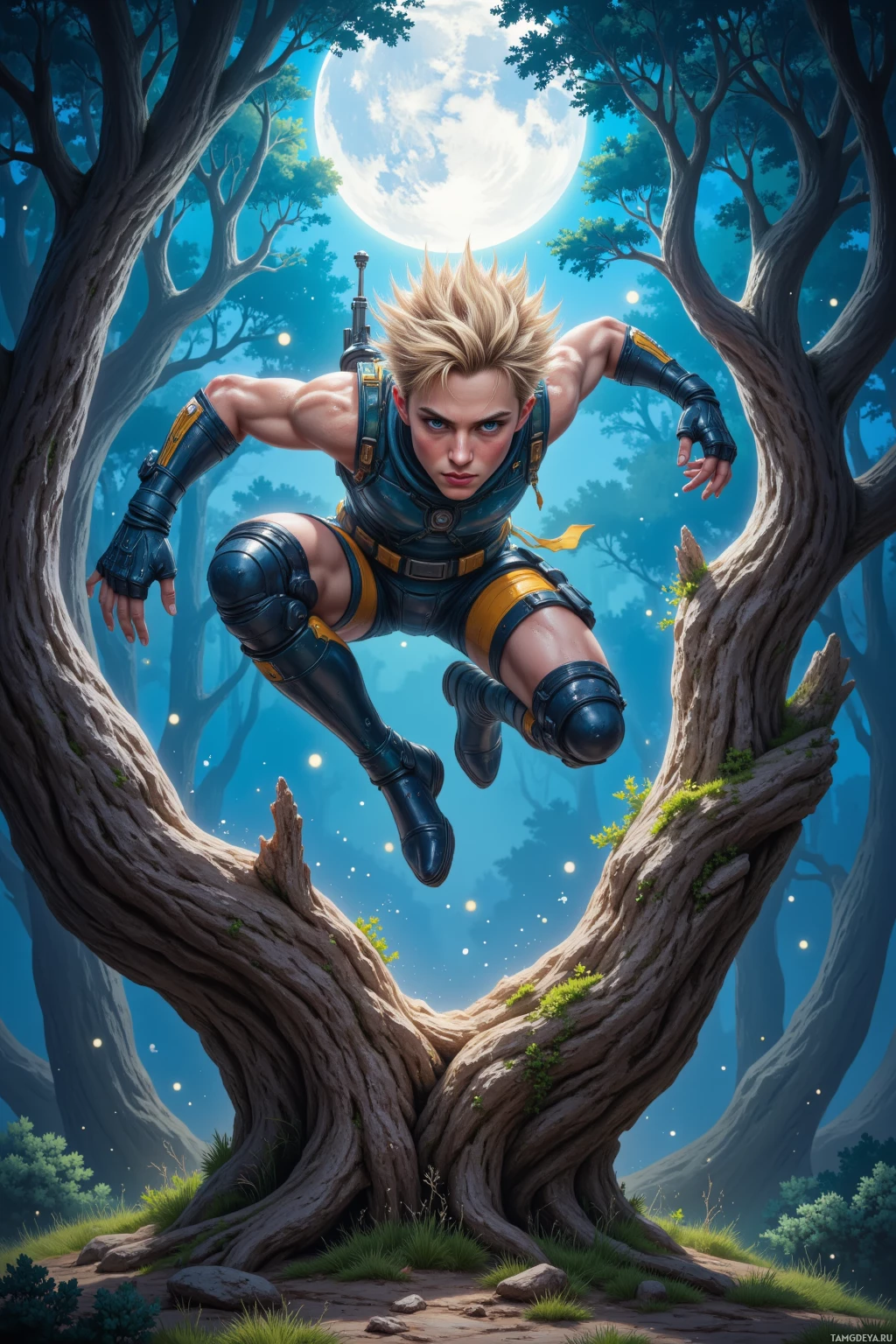 Realistic high quality photo. A youthful male scout, 20, lean and athletic with spiky blonde hair, bright blue eyes, pale skin, cheetah‑spotted arms and legs, wearing sleek high‑tech speed armor, mid‑leap over a moonlit forest glade, landing on the bark of an ancient oak as mischievous sprites swirl around him beneath a twilight sky.