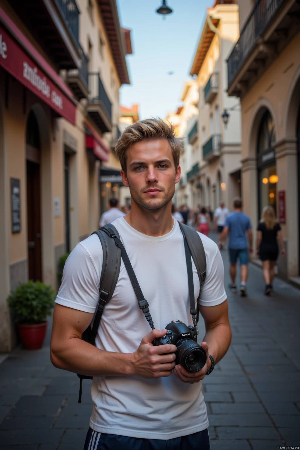 Realistic high quality photo. A 32‑year‑old man with short blonde hair, bright blue eyes, wearing a white t‑shirt and athletic shorts, holds a camera in a narrow alley at dusk, with a café and museum visible in the distance as part of his upcoming itinerary.