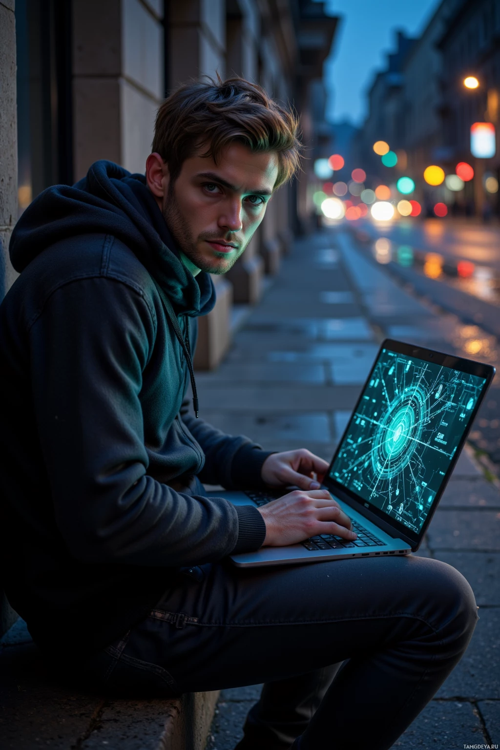 Realistic high quality photo. A methodical man, 30, with tousled light brown hair and blue eyes, wearing a dark hoodie and casual black shirt, sits on a dimly lit city curb at night, holding a laptop that displays a glowing encrypted map with highlighted blacklisted alleys, surrounded by wet pavement and flickering streetlights, looking focused and slightly paranoid.