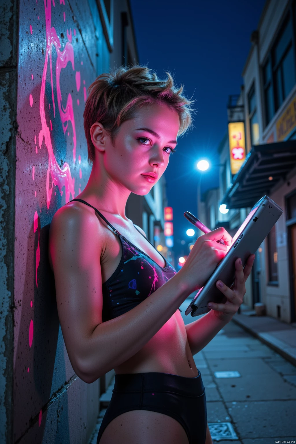 Realistic high quality photo. A 24‑year‑old woman with short spiky light‑brown hair, bright blue eyes, sun‑kissed pale skin, wearing a neon‑patterned crop top, high‑waisted shorts, and sleek hover‑sneakers, stands in a midnight alley of concrete veins, sketching the night sky on a glowing tablet with digital ink while streetlight reflections spill onto the surface in a chaotic yet creative urban scene.