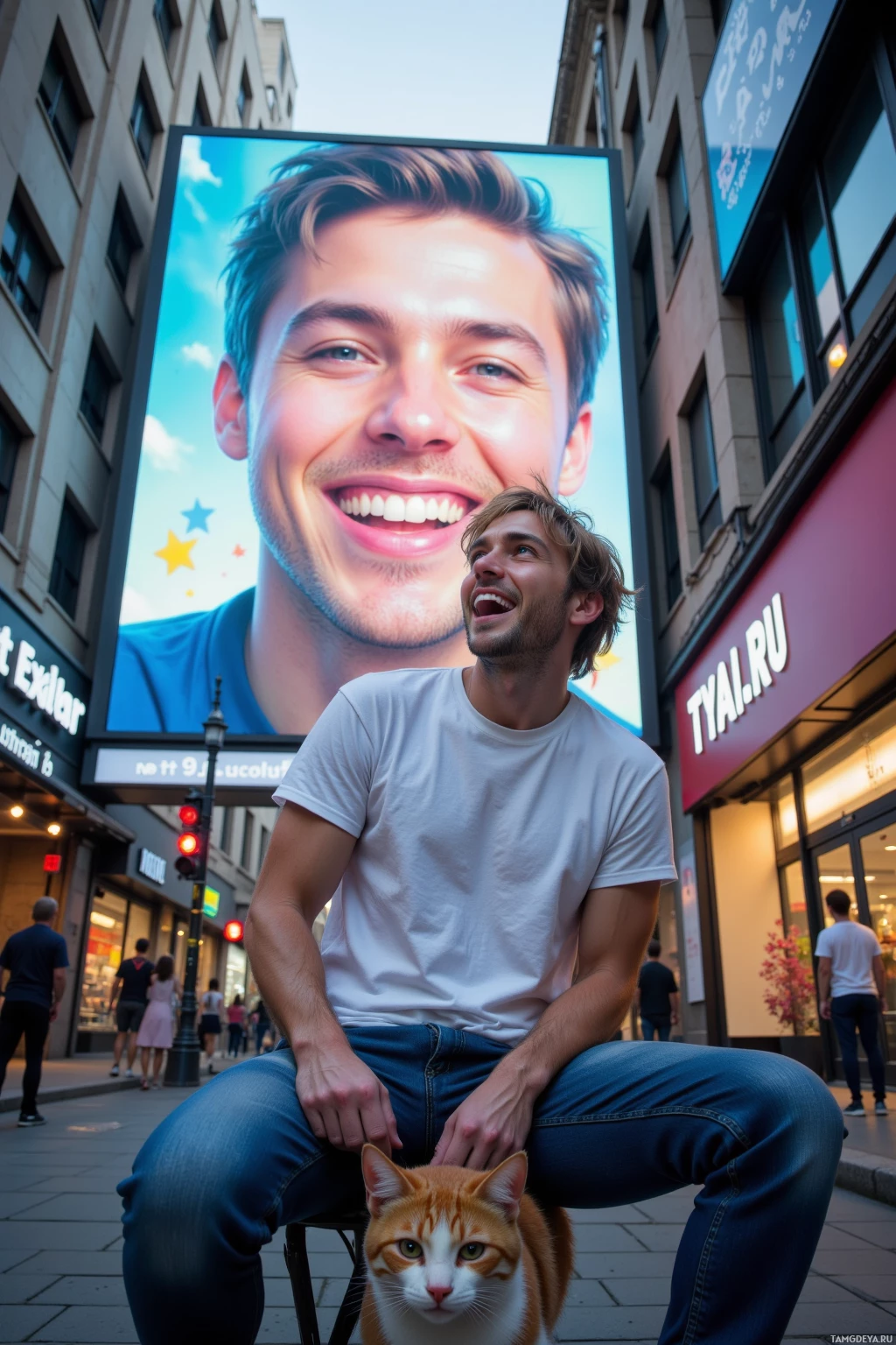 Realistic high quality photo. A mischievous 31‑year‑old man with messy blonde hair, bright blue eyes, pale skin, high cheekbones, strong jawline, wearing relaxed jeans and a plain white t‑shirt, laughing as a holographic glitch of his face blurs on a large billboard in a bustling city street at dusk, while his cat is tangled in a maze of vibrant colored signage that draws amused onlookers, with traffic lights and storefronts glowing softly in the background.