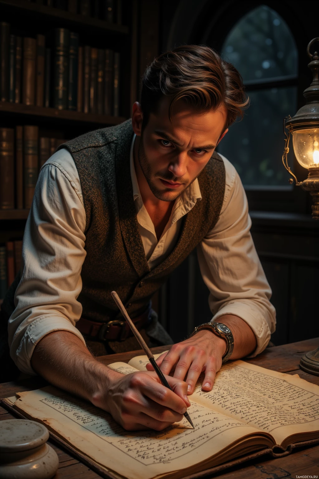 Realistic high quality photo. A 44‑year‑old man with neatly styled brown hair, calm blue eyes, pale skin, wearing a tweed waistcoat and a brown leather belt, hunched over a faded ledger in a dimly lit, dust‑filled archive room at night, tracing a monk’s handwriting with a quill while a single lantern casts long shadows.