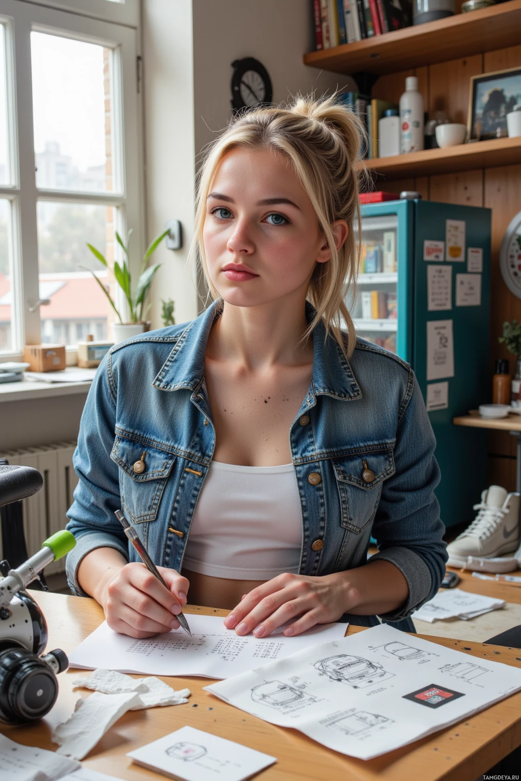 Realistic high quality photo. A 27‑year‑old woman with a blonde ponytail, blue eyes, wearing a cropped denim jacket over a white tank top, jeans and light sneakers sits in a cluttered studio of napkins and receipts, sketching a glitchy VR headset on a grocery receipt while a bicycle with wings and a vending machine adorned with antlers loom on a table, her arm covered in doodles, afternoon light filtering through a window.