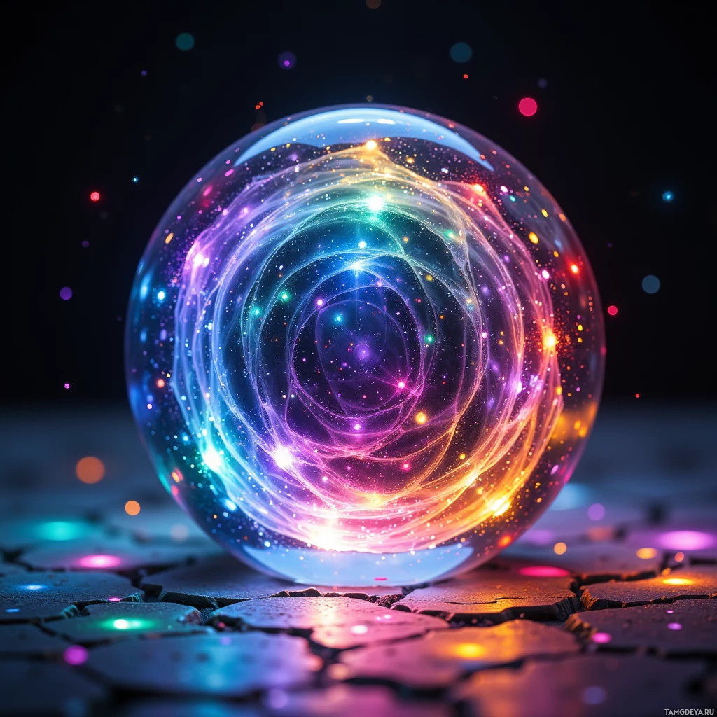 Semi-abstract image with many light, that is suitable for the post:  Tiny translucent recycled glass sphere, with concentric embedded micro‑LEDs that pulse and shift through a spectrum of colors in sync with a heartbeat, casting a soft, shimmering glow.