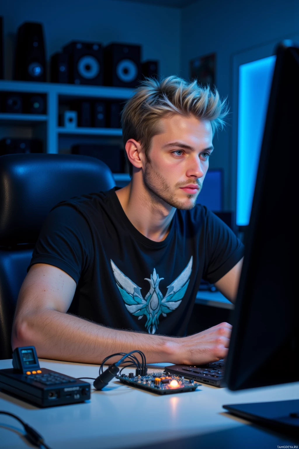 Realistic high quality photo. Male, 26, tousled blonde hair, sharp blue eyes, fair complexion, wearing a tech‑design t‑shirt, seated alone at a dimly lit home office desk with a microcontroller board, soldering iron, blinking LED, cables, glowing screen, focused expression, late night, ambient cool blue glow.