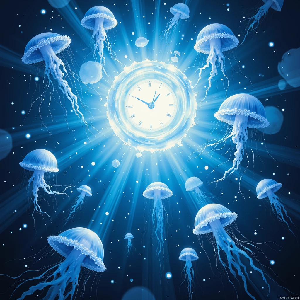 Semi-abstract image with many empty light space at center of beautiful background, that is suitable for the post:  The kitchen clock's hands are jellyfish, drifting through my mind's tide.