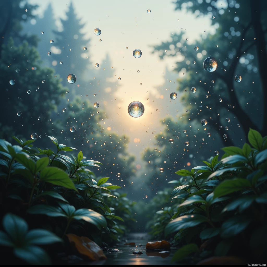 Semi-abstract image with many empty light space at center of beautiful background, that is suitable for the post:  A single raindrop lingers on a window, holding the world’s quiet reflection like a suspended promise.