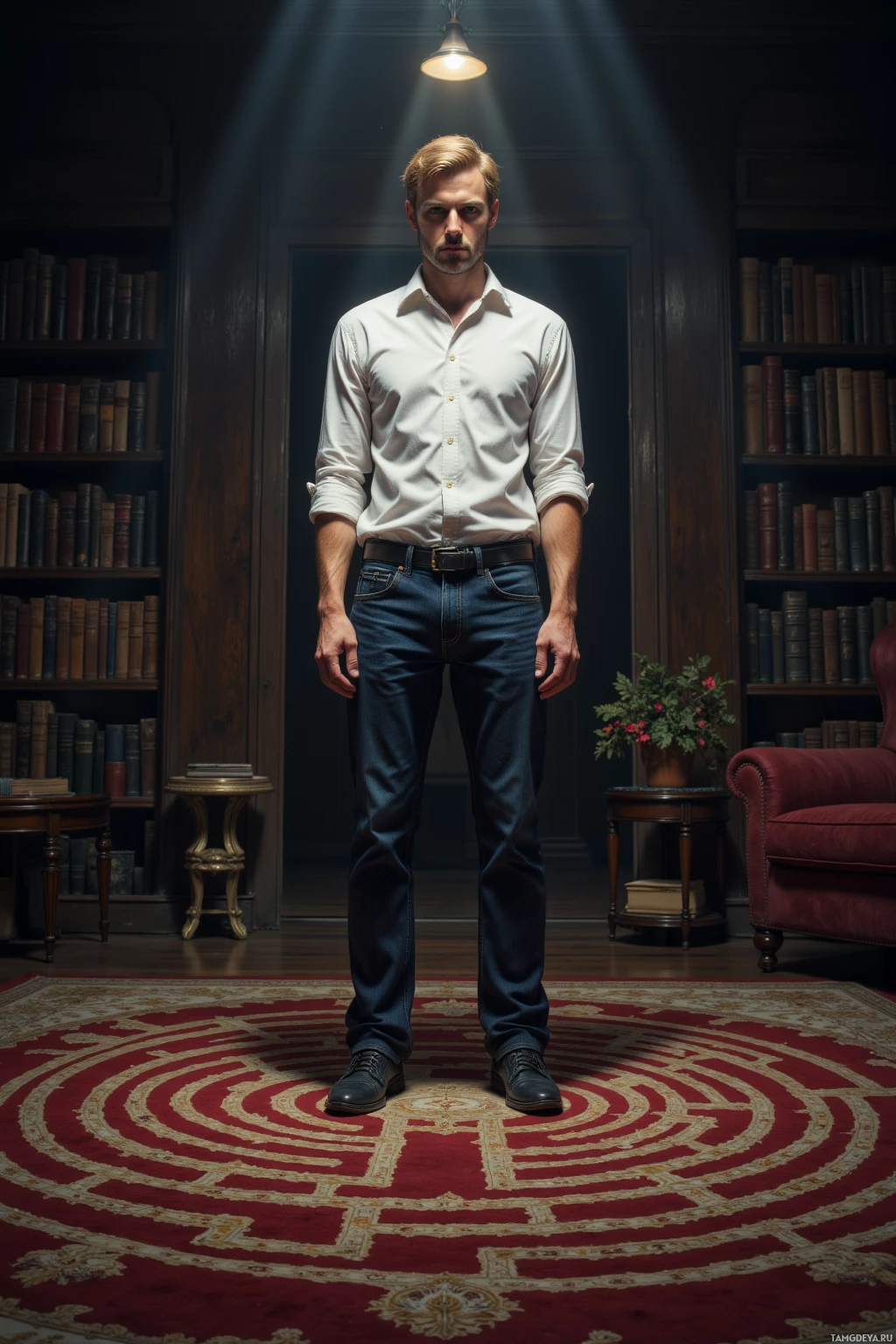 Realistic high quality photo. Man with short blonde hair, blue eyes, crisp white shirt tucked into dark jeans stands in a dimly lit living room, staring contemplatively at a carpet with an intricate knot labyrinth, surrounded by shelves of unsorted journals,  flickering overhead light casting uneven shadows, as he overthinkingly surveys his surroundings.