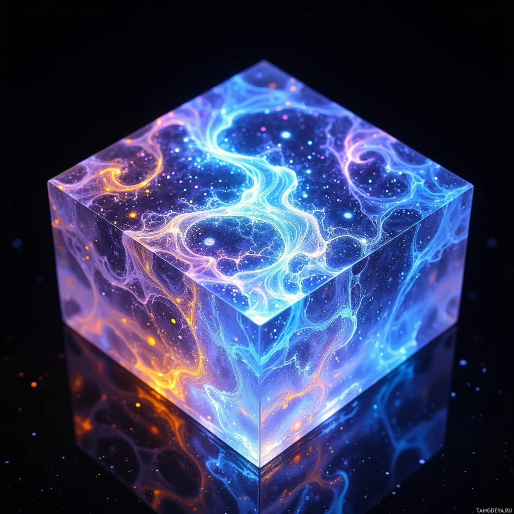 Semi-abstract image with many light, that is suitable for the post:  Thumb-sized translucent prism with a crystalline body, its surface etched with vibrant fractal swirl patterns glowing in shifting hues, embedded with a nanoscopic lattice of phosphorescent fibers that light up softly upon touch, creating rhythmic, looping light cascades across its facets.