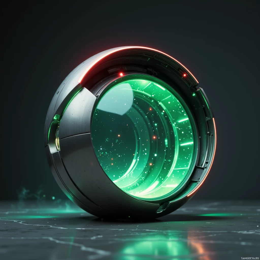 Semi-abstract image with many light, that is suitable for the post:  Titanium capsule with a sleek curved glass front panel that glows with dynamic green and red LED lights, polished metal edges, a translucent glass pane revealing a faint, luminous core inside, minimalist futuristic design.