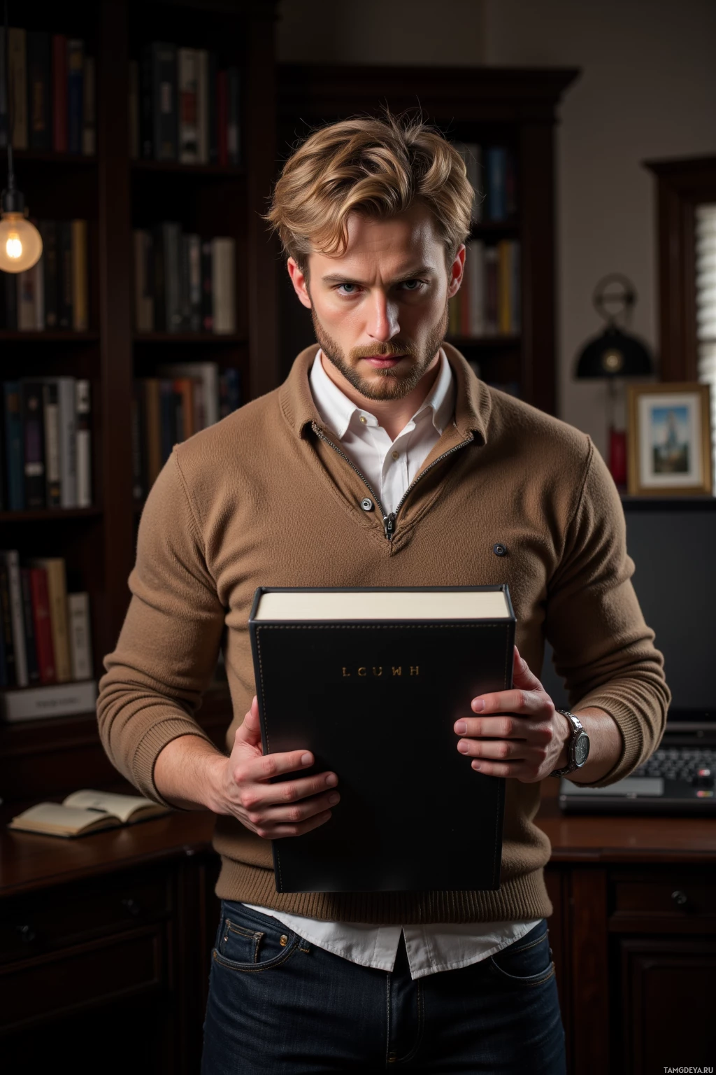 Realistic high quality photo. A 43‑year‑old man with gently tousled blonde hair and warm blue eyes, wearing an earth‑toned sweater over a white shirt and dark jeans, stands in a dimly lit living room, carefully opening a matte dust‑jacketed limited‑edition film box set with a hand‑stitched edge, surrounded by a cluttered shelf of collector’s editions and a notebook poised to log foil details.