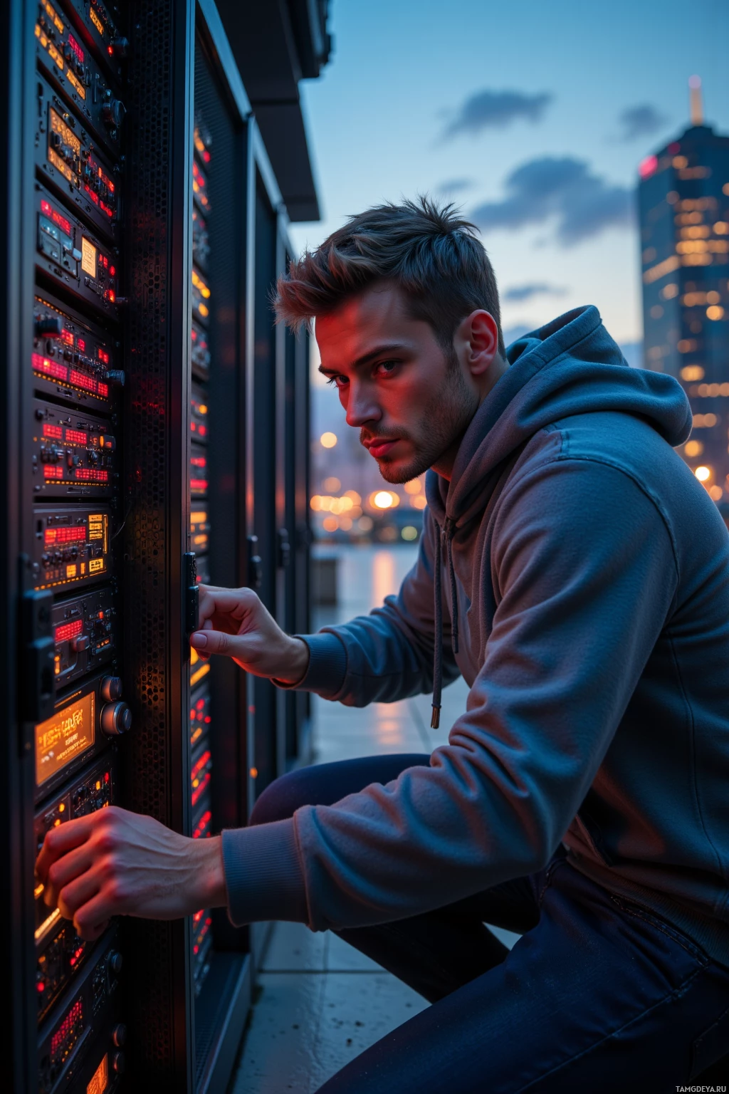 Realistic high quality photo. A 35‑year‑old man with short light brown hair, blue eyes, fair skin, strong jawline, wearing a casual hoodie and jeans, hunched over a server rack with a lattice of blinking LEDs, adjusting circuitry while a city outside glows with shifting static under a dusky sky.
