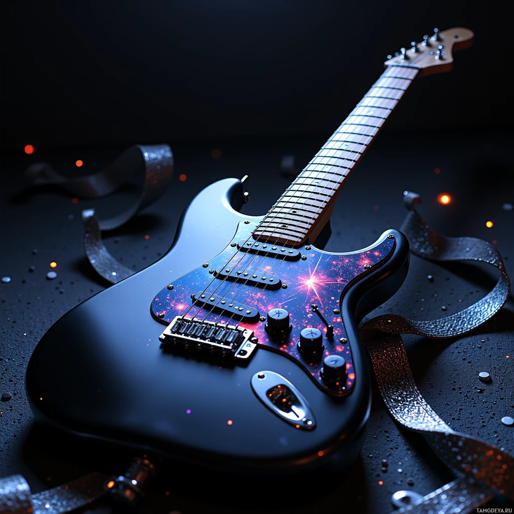 Semi-abstract image with many light, that is suitable for the post:  A 1970s Stratocaster‑style guitar with a mahogany body in matte black midnight‑metal finish, holographic pickup array, built‑in OLED tone display, analog‑to‑digital converter, bass‑boost module, and laser‑cut chrome strap.