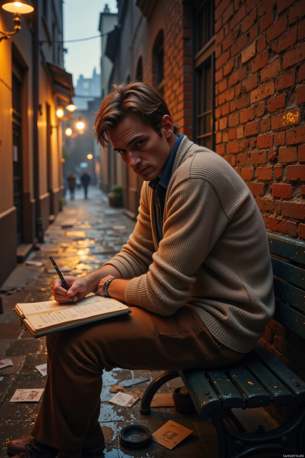 Realistic high quality photo. Man 33 with light brown messy hair, green eyes, fair skin, wearing a soft cardigan and worn corduroy pants, sits on a metal bench in a rain‑slicked back alley at late night, head bowed over a stained notebook as amber glow filters through broken brick walls, scattered film clapperboards and old photographs around him, his expression thoughtful yet determined.