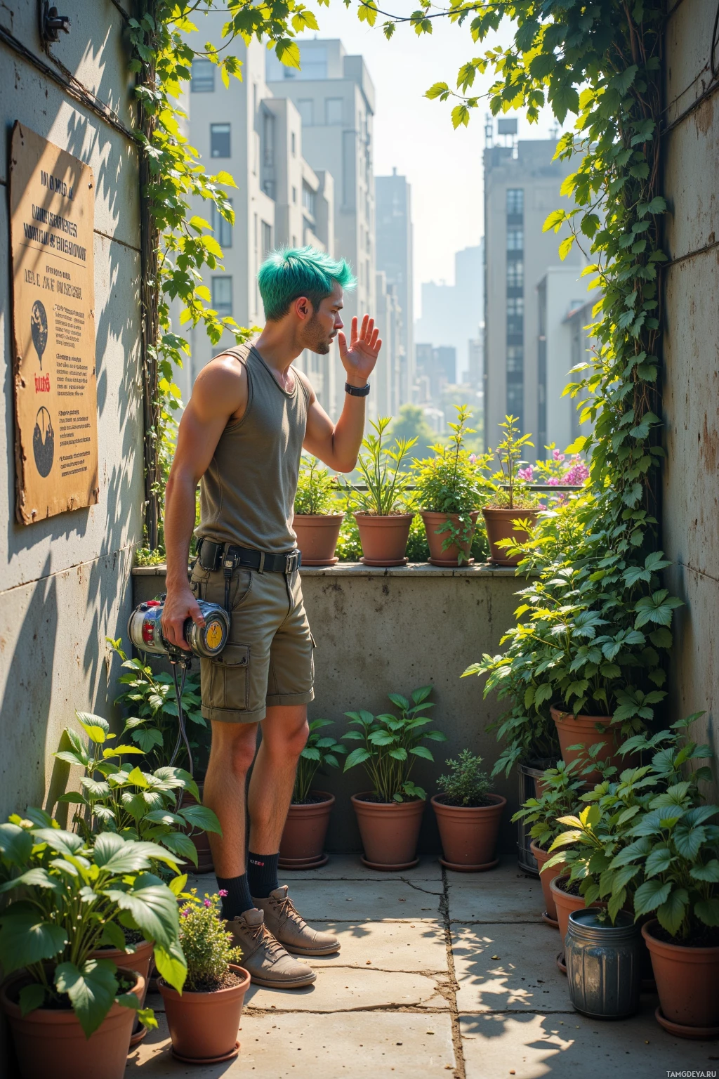 Realistic high quality photo. Male, 29, short light green-tinted hair, bright blue eyes, fair skin, wearing hemp streetwear, standing on a balcony with a lush rooftop garden of vines and potted plants, whispering to the greenery while holding a portable bike‑powered water pump and shouting at a cardboard city council notice on the gray concrete wall, morning light.