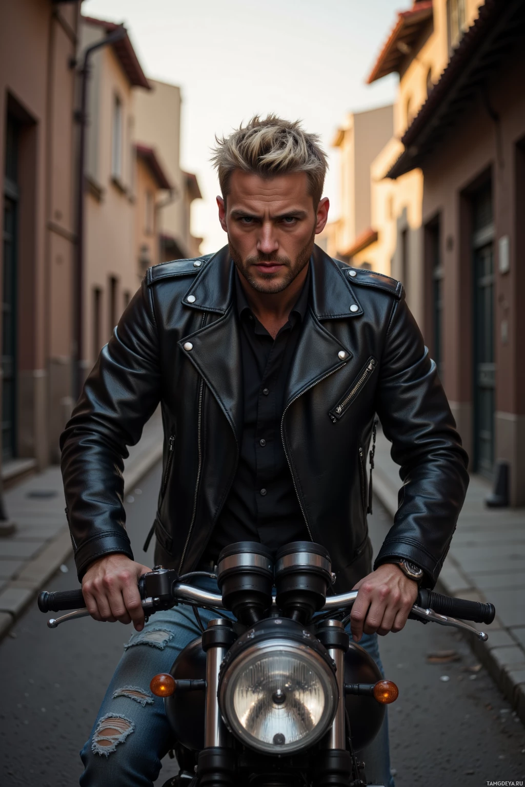 Realistic high quality photo. A short-haired blonde man in a black leather biker jacket and rugged jeans leans on his motorcycle in a dimly lit old alley at dawn, hands greasy from tightening bolts, wind rushing past as he prepares to hit the open road.