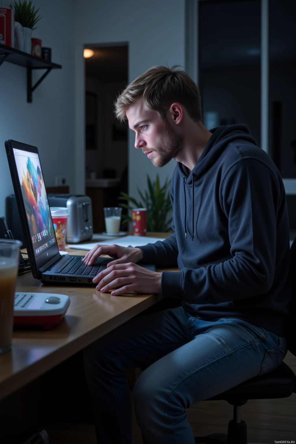 Realistic high quality photo. A 25‑year‑old man with short blonde hair and blue eyes, in a dark grey hoodie and slim light jeans, hunched over a laptop in a dimly lit home office at midnight, surrounded by empty snack containers and a toaster, staring at a glowing screen with a blinking cursor while a bathroom door leans into the background.