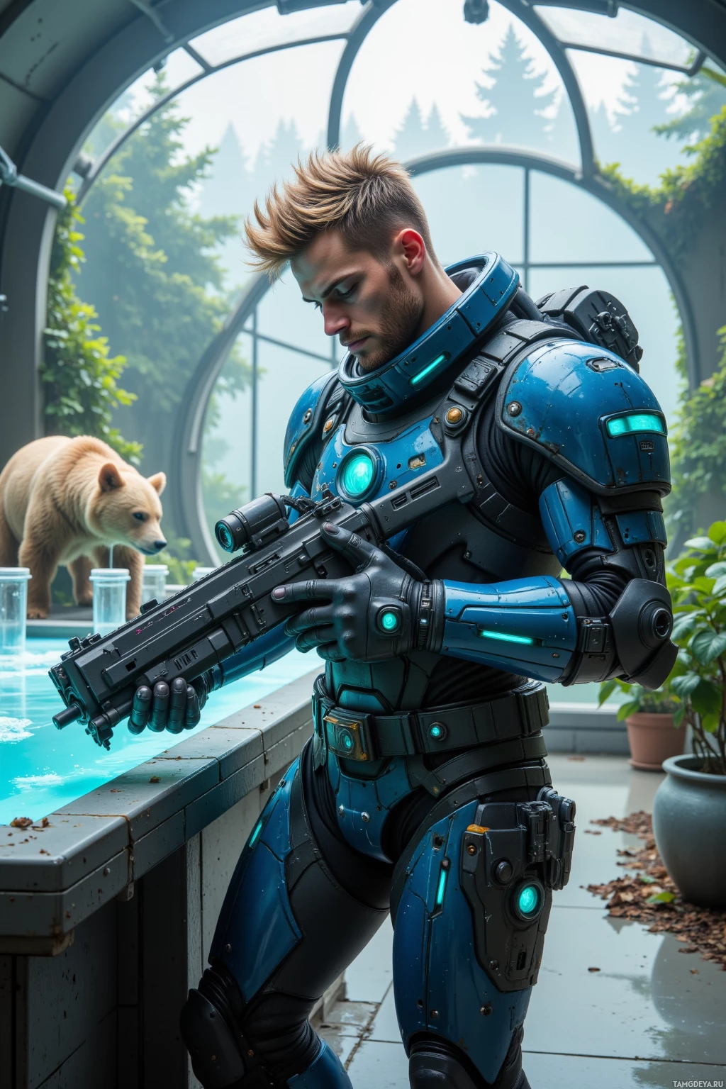 Realistic high quality photo. Male soldier, 28, short spiky blonde hair and piercing blue eyes, wearing sleek high‑tech energy armor with glowing neon stripes and an energy rifle slung over his shoulder, calibrating a plasma blaster on a polished laboratory bench under a transparent dome while a bear drinks milk from a glass reservoir in the greenhouse behind him.