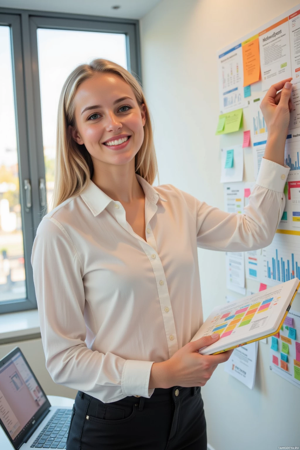 Realistic high quality photo. Female marketing professional, 25, medium-length blonde hair, bright blue eyes, warm fair complexion, wearing crisp white blouse and dark trousers, standing in a modern conference room with sunrise light filtering through windows, holding a colorful sketchpad beside an open laptop displaying spreadsheet columns, sticky notes on screen, smiling as she composes a data‑driven mood board collage on the wall.