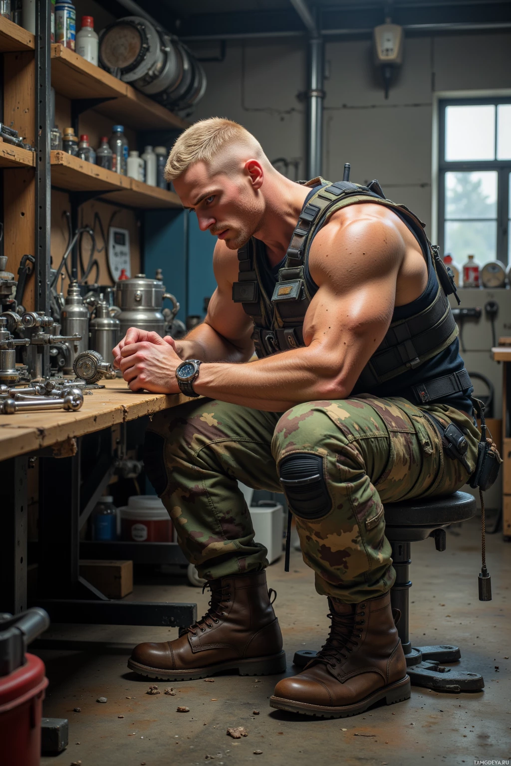 Realistic high quality photo. Male strong man with buzzed blonde hair, piercing blue eyes, pale skin, wearing camouflage cargo pants, utility vest and combat boots, sits in a dawn-lit garage, polishing tools on a workbench while checking his watch, surrounded by organized machinery and wooden pallets.