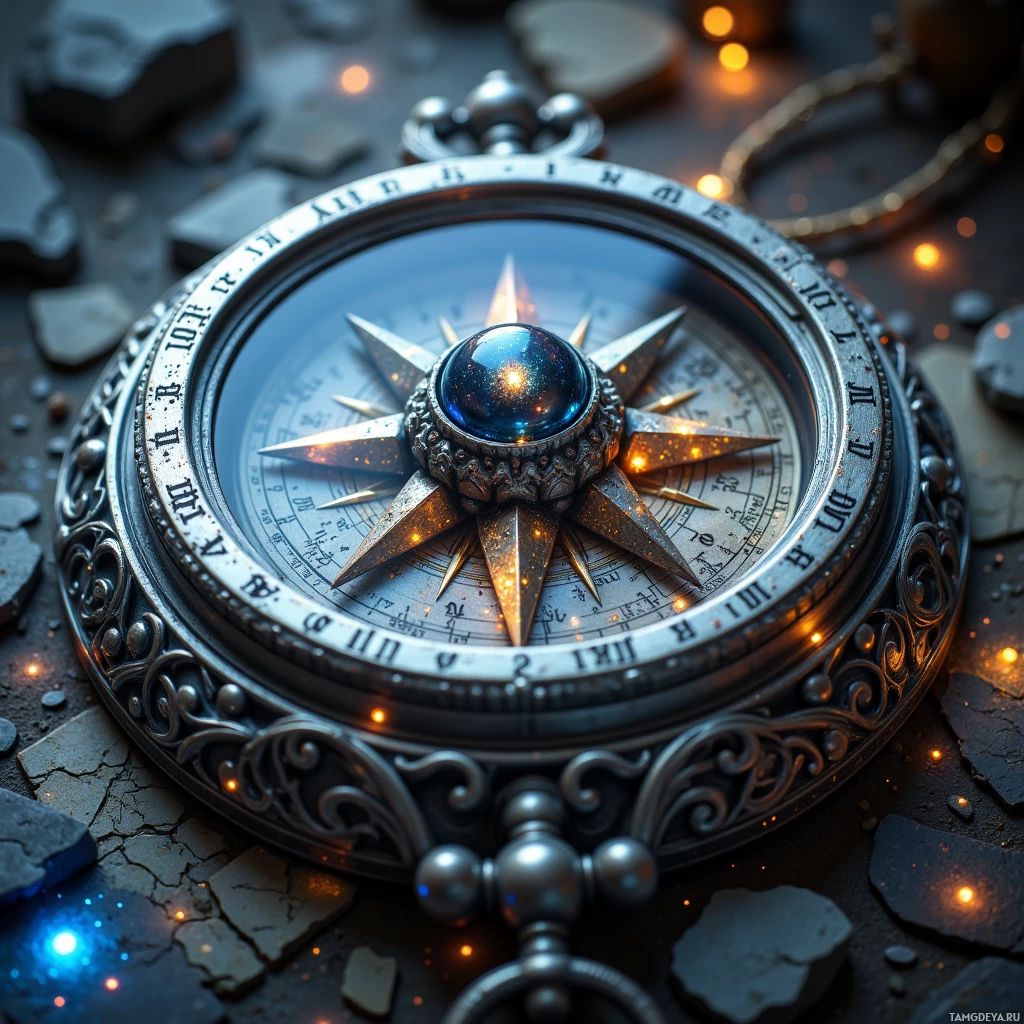 Semi-abstract image with many light, that is suitable for the post:  Enchanted compass with a dark crystal core humming faint shifting runes, surrounded by a silver filigree frame etched with maps of forgotten trails, softly glowing in shifting warning colors.