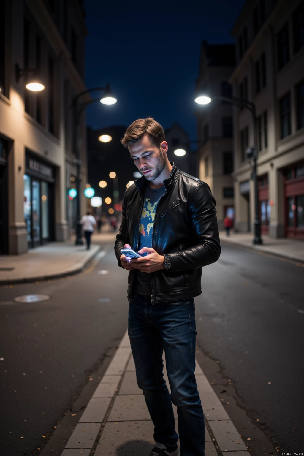 Realistic high quality photo. Man in his early thirties with short light brown hair and blue eyes, wearing a sleek leather jacket, graphic tee, chunky sneakers, stands at a night street corner under dim streetlamps, scrolling a digital map on his phone while notification pings glow beside it, eyes focused ahead toward the next block.