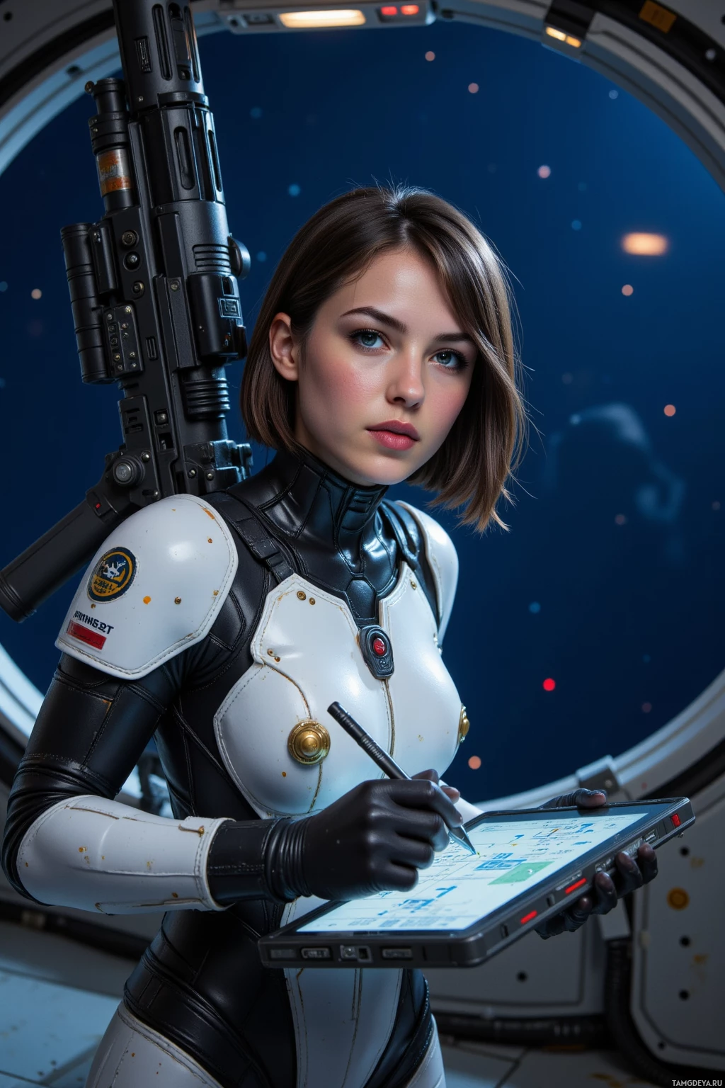 Realistic high quality photo. Female space marine, 27, short dark hair, piercing blue eyes, pale skin, in sleek high‑tech armor with visor, standing on an orbital deck at night, her plasma rifle at her hip, sketching schematics on a holo tablet while a tethered drill hums, the void of space glowing faintly beyond the bulkhead.
