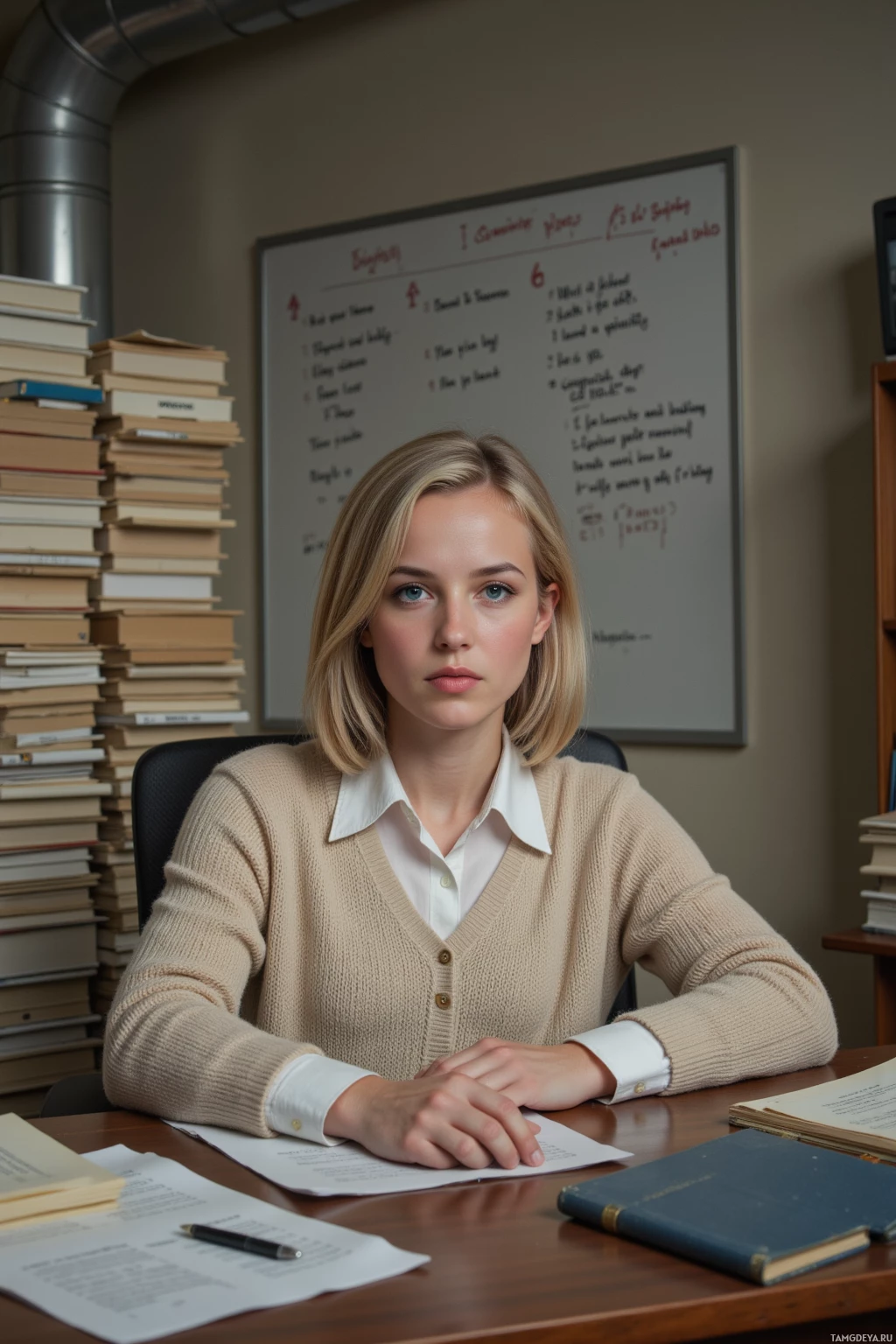 Realistic high quality photo. A 31-year-old woman with a blonde bob, blue eyes, pale skin, wearing a soft beige sweater over a crisp white blouse, sits at a cluttered archive desk surrounded by towering stacks of old records and a wall of handwritten false leads, a humming vent overhead, late evening light filtering through the glass, her expression a blend of focused determination and mild impatience.