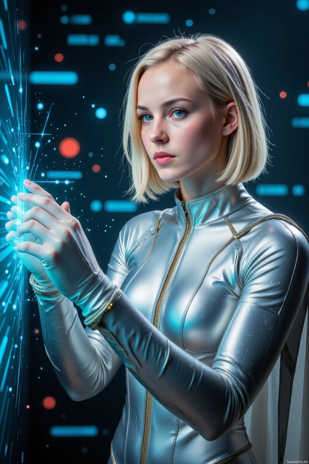 Realistic high quality photo. A woman, 31, with a sleek blonde bob, blue eyes, fair skin, wearing a silver futuristic suit with a flowing cape-like detail, stands in a dimly lit quantum lab surrounded by floating holographic logic threads and glitching code patterns, her tense yet intrigued expression as she manipulates the complex algorithmic interface.
