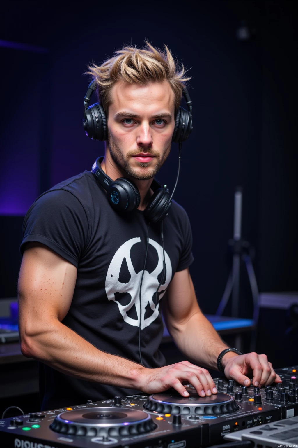 Realistic high quality photo. Male DJ in his studio, 28, messy blonde hair, bright blue eyes, fit athletic build, wearing a graphic t-shirt and large black headphones, twisting knobs on a mixing console surrounded by exposed wires under dim ambient lighting.