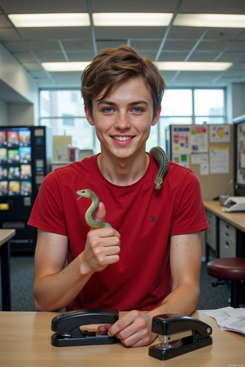 Realistic high quality photo. young man, brown hair, bright blue eyes, pale skin with freckles, wearing a red t‑shirt and casual jeans, standing in a modern office with fluorescent lighting, holding a rubber snake above a stapler on a desk, a vending machine in the background, mischievous grin, realistic style