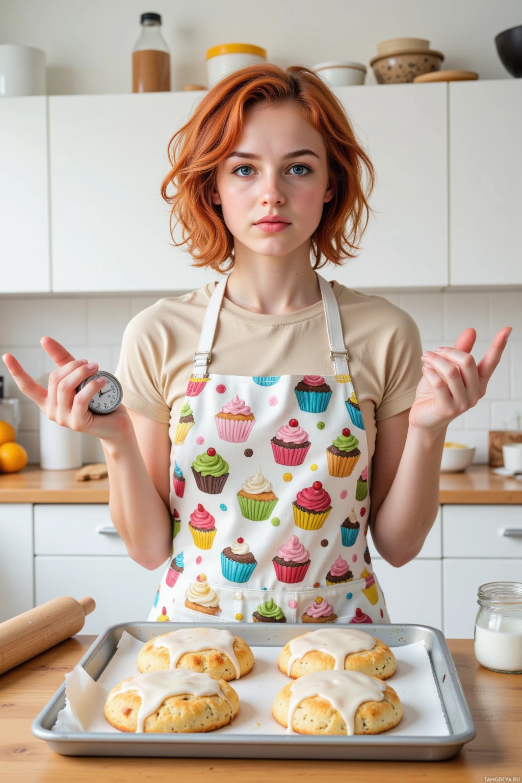 Человек в фартуке с кексами стоит на кухне, жестикулируя руками рядом с подносом свежеиспечённых пирожных.