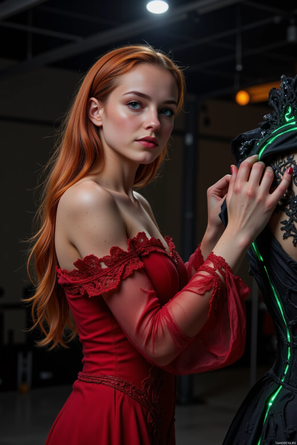 Realistic high quality photo. A 30‑year‑old woman with cascading red hair and vivid green eyes, wearing a form‑fitting red evening gown, stands in a dimly lit rehearsal room at night, threading intricate Victorian lace studded with glowing circuitry into a new costume while coaching an understudy beneath a single spotlight.
